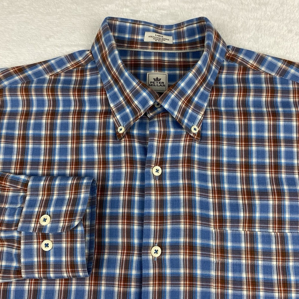 Peter‎ Millar Shirt Mens Large Blue/Brown Plaid Soft Touch Long Sleeves